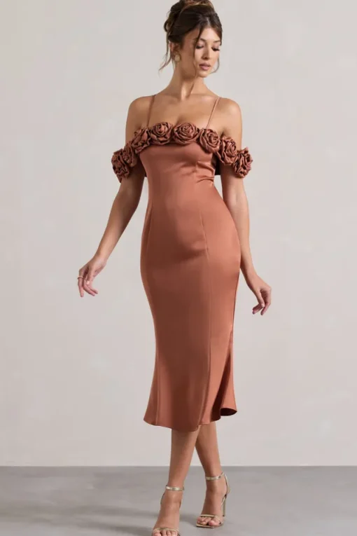 Petunia | Rust Satin Floral Bardot Midi Dress