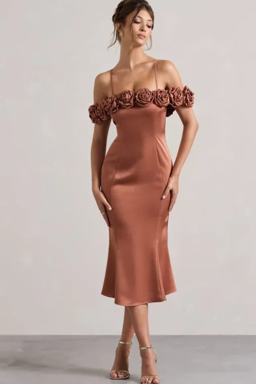 Petunia | Rust Satin Floral Bardot Midi Dress