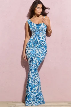 Phantasy | Blue Porcelain Print Asymmetric Neckline Cowl Maxi Dress