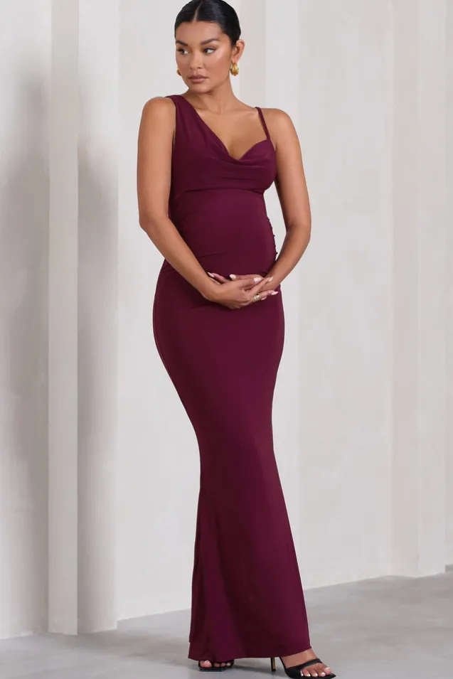 Phantasy | Burgundy Maternity Cowl Neck Maxi Dress