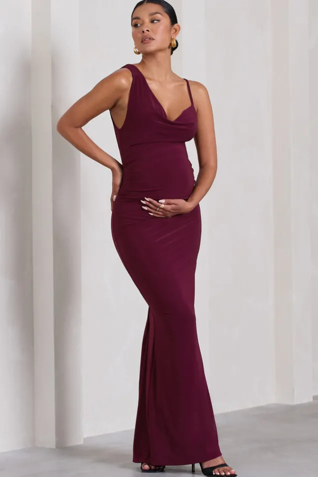 Phantasy | Burgundy Maternity Cowl Neck Maxi Dress