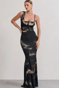 Phantasy | Dark Brown Print Asymmetric Neckline Cowl Maxi Dress