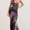 Phantasy | Marble Print Asymmetric Neckline Cowl Maxi Dress