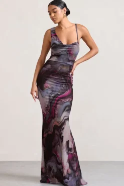 Phantasy | Marble Print Asymmetric Neckline Cowl Maxi Dress