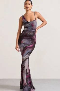 Phantasy | Marble Print Asymmetric Neckline Cowl Maxi Dress