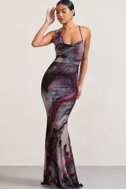 Phantasy | Marble Print Asymmetric Neckline Cowl Maxi Dress