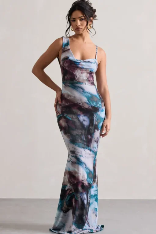 Phantasy | Multi Print Asymmetric Neckline Cowl Maxi Dress
