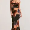 Phantasy |  Orange Smoke Print Asymmetric Neckline Cowl Maxi Dress