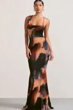 Phantasy | Orange Smoke Print Asymmetric Neckline Cowl Maxi Dress