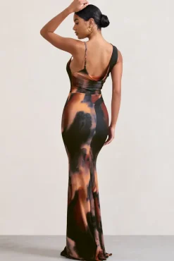 Phantasy |  Orange Smoke Print Asymmetric Neckline Cowl Maxi Dress