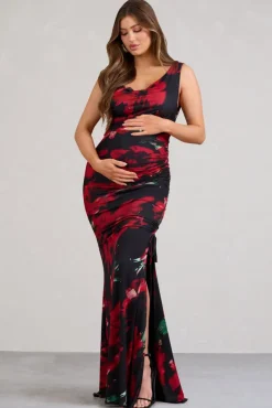Phantasy | Red Floral Asymmetric Split Maternity Maxi Dress