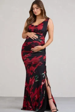 Phantasy | Red Floral Asymmetric Split Maternity Maxi Dress
