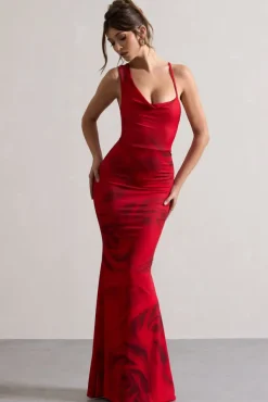 Phantasy | Red Rose Print Asymmetric Neckline Cowl Maxi Dress
