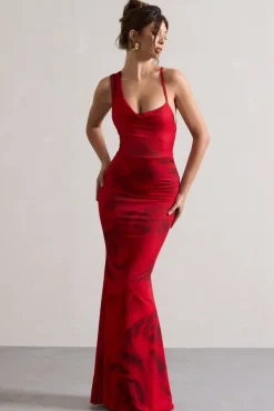 Phantasy | Red Rose Print Asymmetric Neckline Cowl Maxi Dress