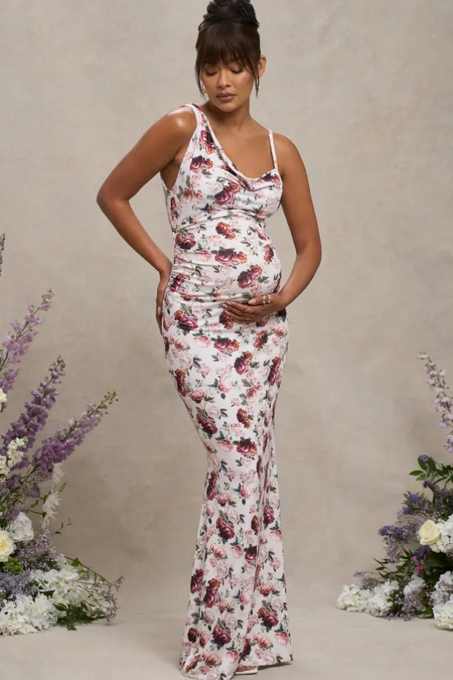 Phantasy | White Floral Maternity Cowl Neck Maxi Dress