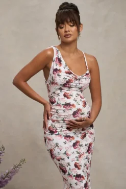 Phantasy | White Floral Maternity Cowl Neck Maxi Dress