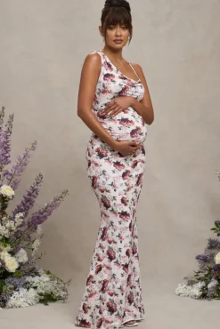 Phantasy | White Floral Maternity Cowl Neck Maxi Dress