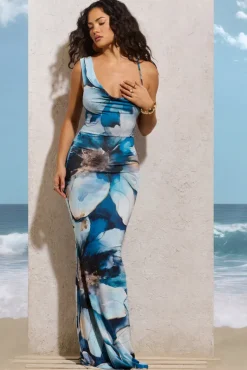 Phantasy | White Print Asymmetric Neckline Cowl Maxi Dress