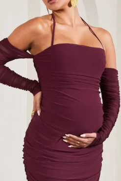 Pixie | Burgundy Ruched Long-Sleeved Halter-Neck Maternity Midi Dress
