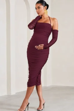 Pixie | Burgundy Ruched Long-Sleeved Halter-Neck Maternity Midi Dress
