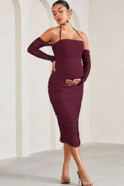 Pixie | Burgundy Ruched Long-Sleeved Halter-Neck Maternity Midi Dress