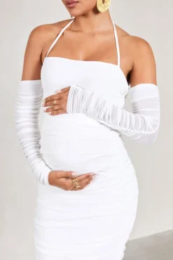 Pixie | White Ruched Long-Sleeved Halter-Neck Maternity Midi Dress