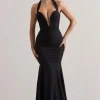 Plaza | Black Plunge Halter-Neck Fishtail Maxi Dress