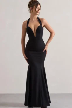 Plaza | Black Plunge Halter-Neck Fishtail Maxi Dress