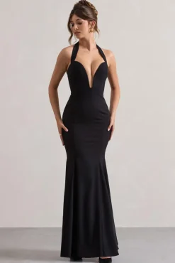 Plaza | Black Plunge Halter-Neck Fishtail Maxi Dress