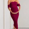 Plus One | Berry Maternity Ruched Bardot Midi Dress