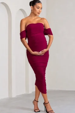 Plus One | Berry Maternity Ruched Bardot Midi Dress