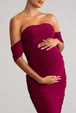 Plus One | Berry Maternity Ruched Bardot Midi Dress