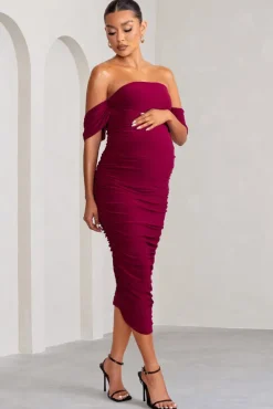 Plus One | Berry Maternity Ruched Bardot Midi Dress