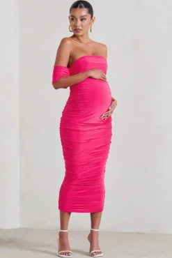 Plus One | Hot Pink Maternity Ruched Bardot Midi Dress