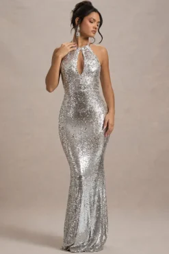 Polaris | Silver Sequin Halter-Neck Cut-Out Split Maxi Dress