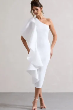 Polo | White One Shoulder Bodycon Midi Dress With Ruffle