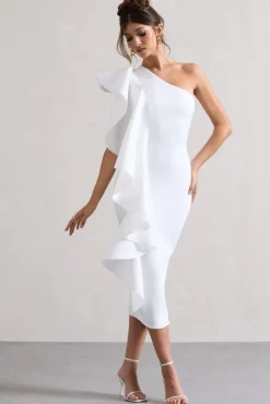 Polo | White One Shoulder Bodycon Midi Dress With Ruffle