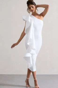 Polo | White One Shoulder Bodycon Midi Dress With Ruffle
