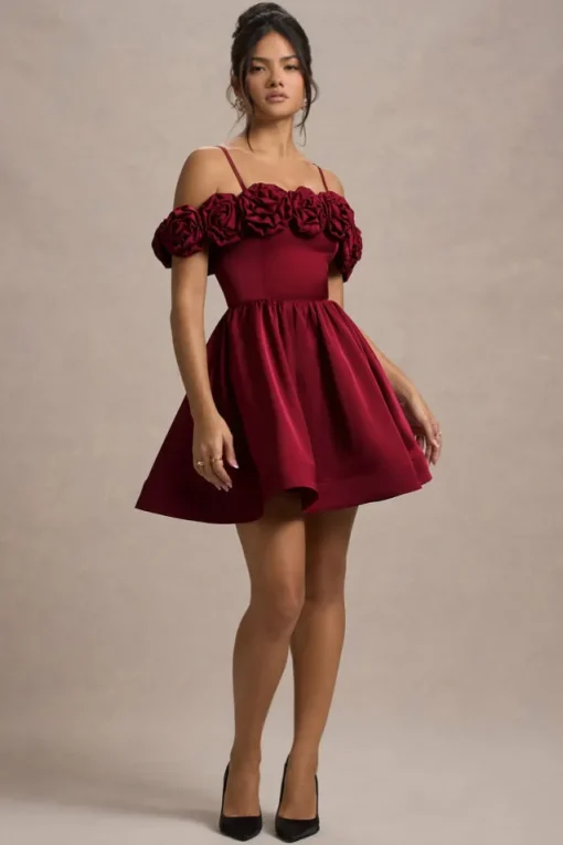 Poppy Dream | Berry Satin Floral Skater Mini Dress