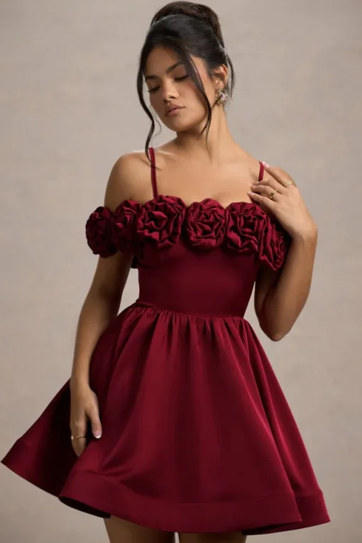 Poppy Dream | Berry Satin Floral Skater Mini Dress