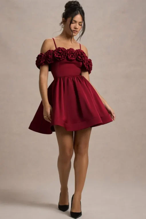 Poppy Dream | Berry Satin Floral Skater Mini Dress
