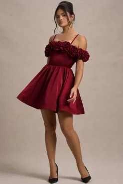 Poppy Dream | Berry Satin Floral Skater Mini Dress