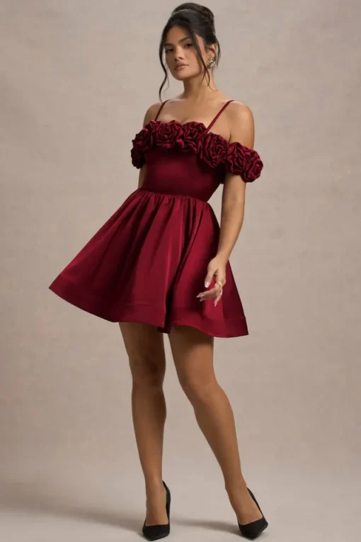 Poppy Dream | Berry Satin Floral Skater Mini Dress