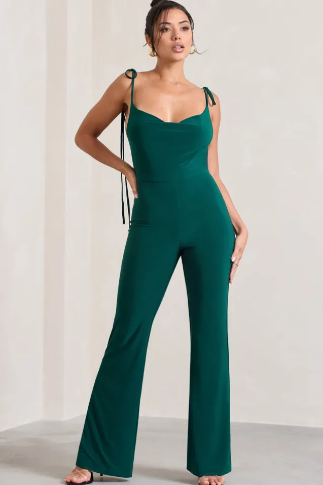 Pose | Bottle Green Cowl-Neck Strappy flared-Leg Jumpsuit