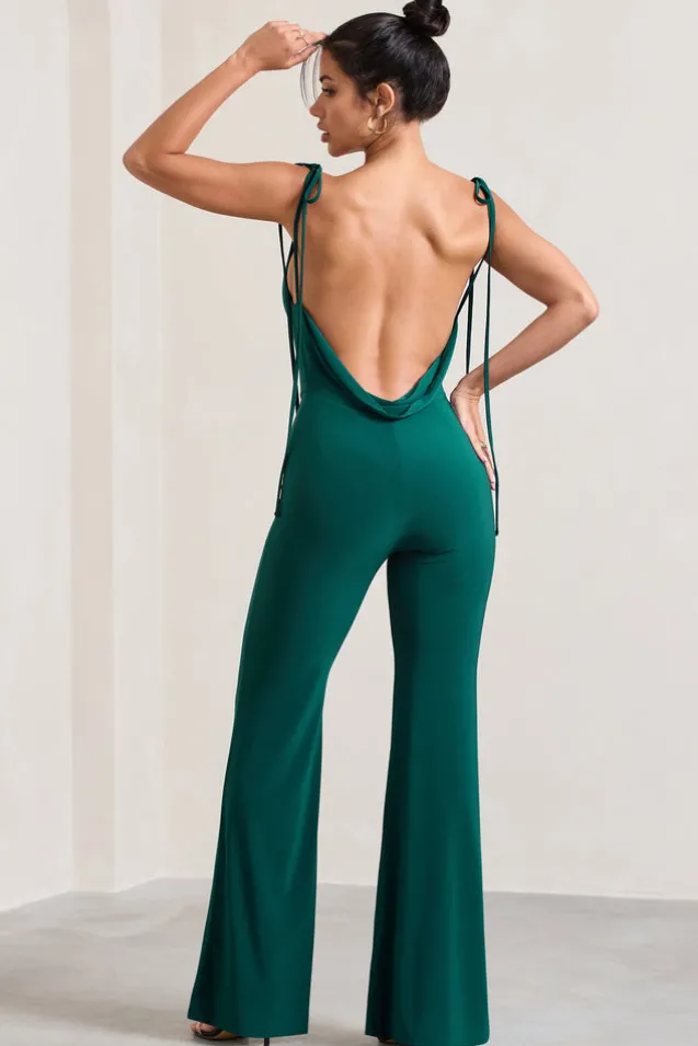 Pose | Bottle Green Cowl-Neck Strappy flared-Leg Jumpsuit