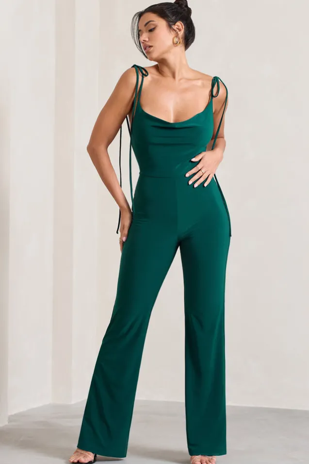 Pose | Bottle Green Cowl-Neck Strappy flared-Leg Jumpsuit