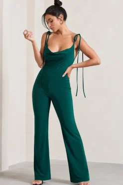 Pose | Bottle Green Cowl-Neck Strappy flared-Leg Jumpsuit