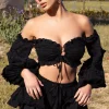 Postcard | Black Lace Bardot Puff-Sleeved Crop Top