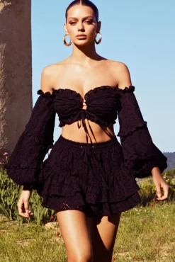 Postcard | Black Lace Bardot Puff-Sleeved Crop Top