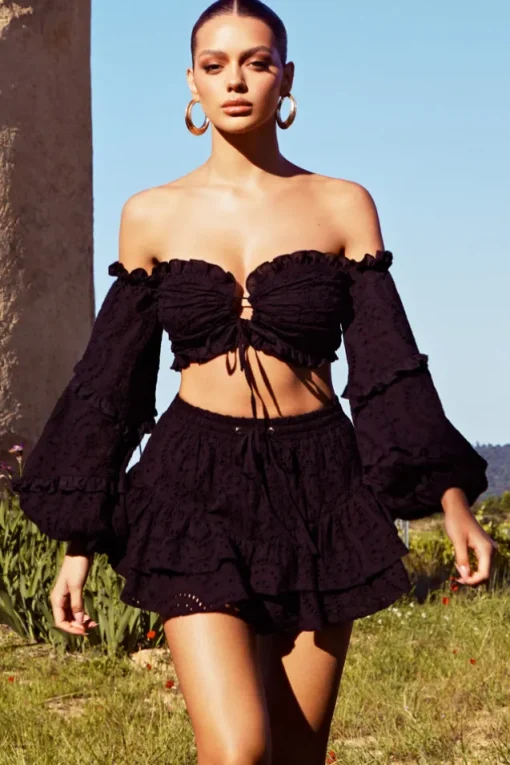 Postcard | Black Lace Bardot Puff-Sleeved Crop Top